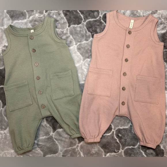 QUINCY MAE Baby Waffle Jumpsuit Bundle- Sage & Blush/ Size 0-3M - Picture 2 of 7
